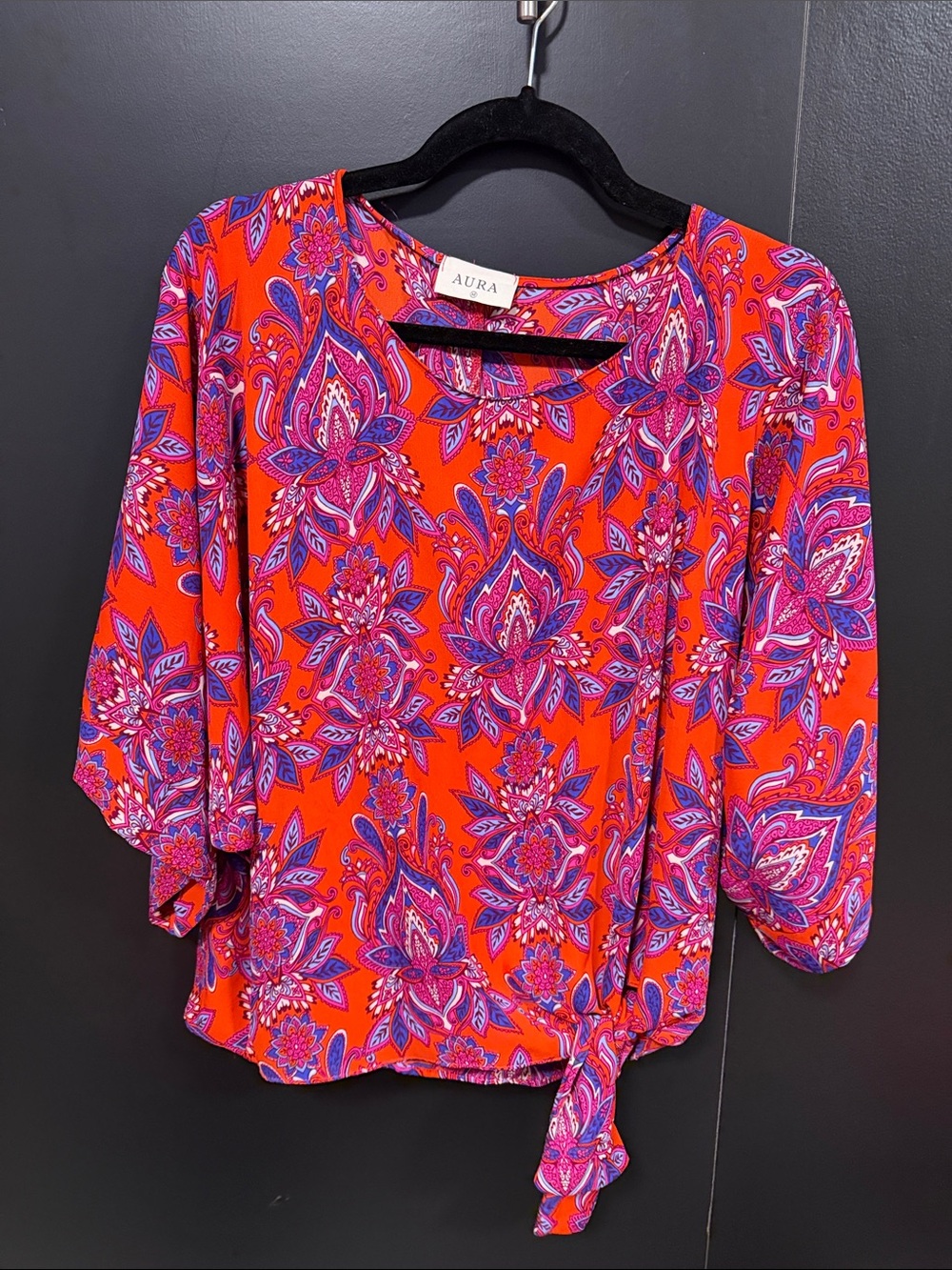 Aura Women's Red Paisley Tie-Front Blouse with Pink and Purple Accents